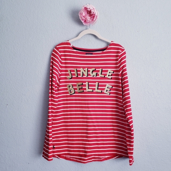 Joules Red And White Nautical Stripe Jingle Bell Harbour Long Sleeve Jersey Top - Picture 1 of 9